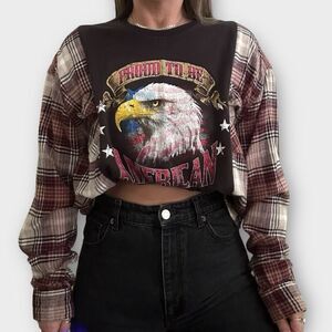 Reworked Upcycled Patriot USA Bald Eagle Grunge Biker Plaid Long Sleeved Shirt